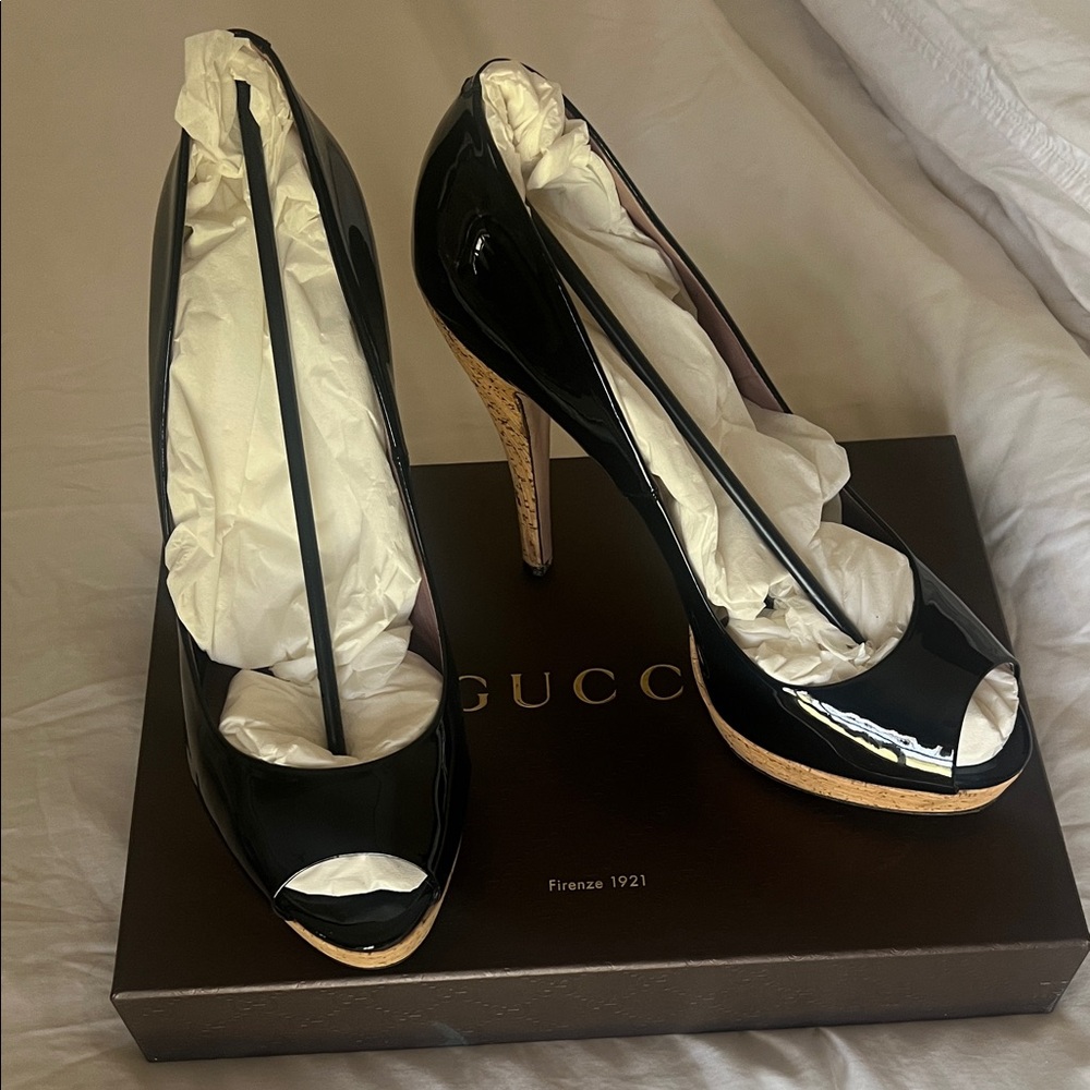 Gucci Black Patent Leather Peep-Toe Heels